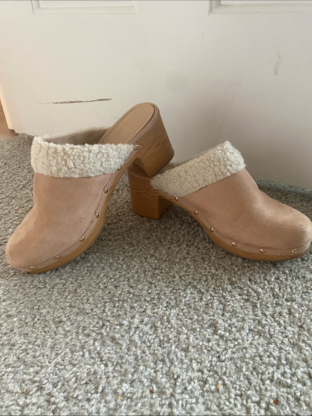 Tan Suede Shearling-Trim Clog Heels